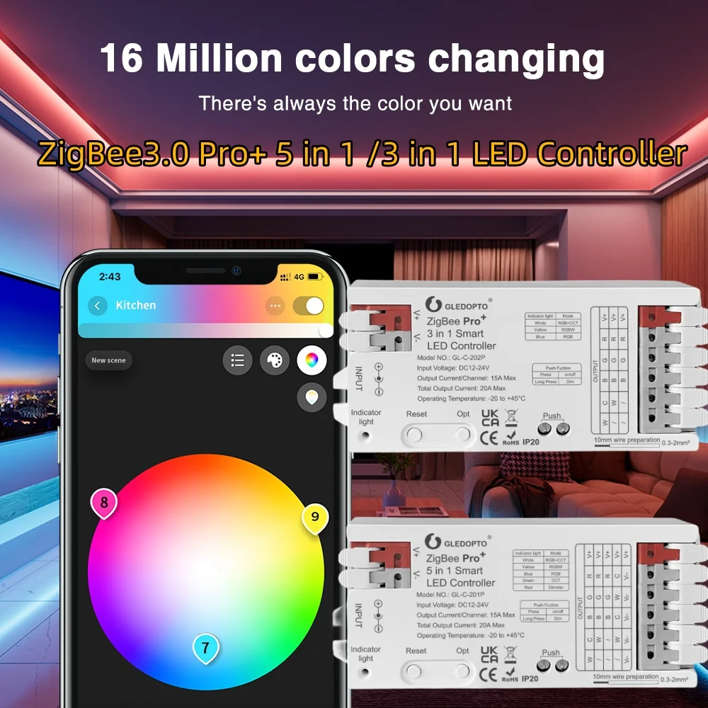 ZigBee3.0 Pro+ GL-C-201P 5 IN 1/GL-C-202P 3 IN 1 LED Controller Dimmer/CCT//RGB/RGBWRGBCCT Alexa Tuya Smart Life APP Control