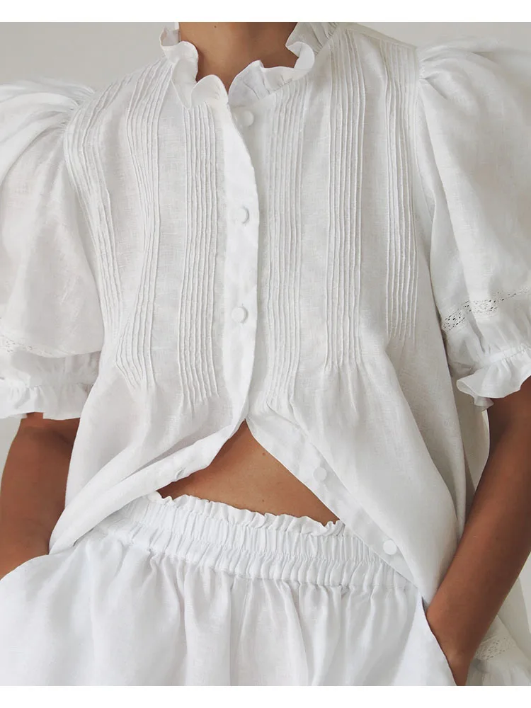 

2026 Runway Designer Summer White Flax Shorts Two-piece Set Women's High Quality Vacation Set