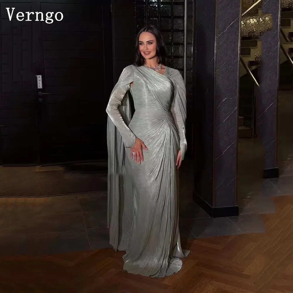 

Verngo Gray Shimmer Satin Evening Dress Full Sleeves Shawl Prom Gown Modest Mulism Formal Occasion Dress