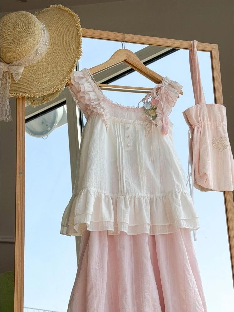 Sweet Kawaii Ruffle Trim Tulip Decor Two Piece Set Women White Pink Sleeveless Cami Top Tiered Midi Skirt Summer Dailywear Outfi