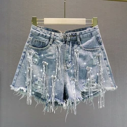 Jeans Shorts Woman 2023 Summer New European Streetwear Style Loose High Waist Sequin Fringed Ripped Denim Hot Pants