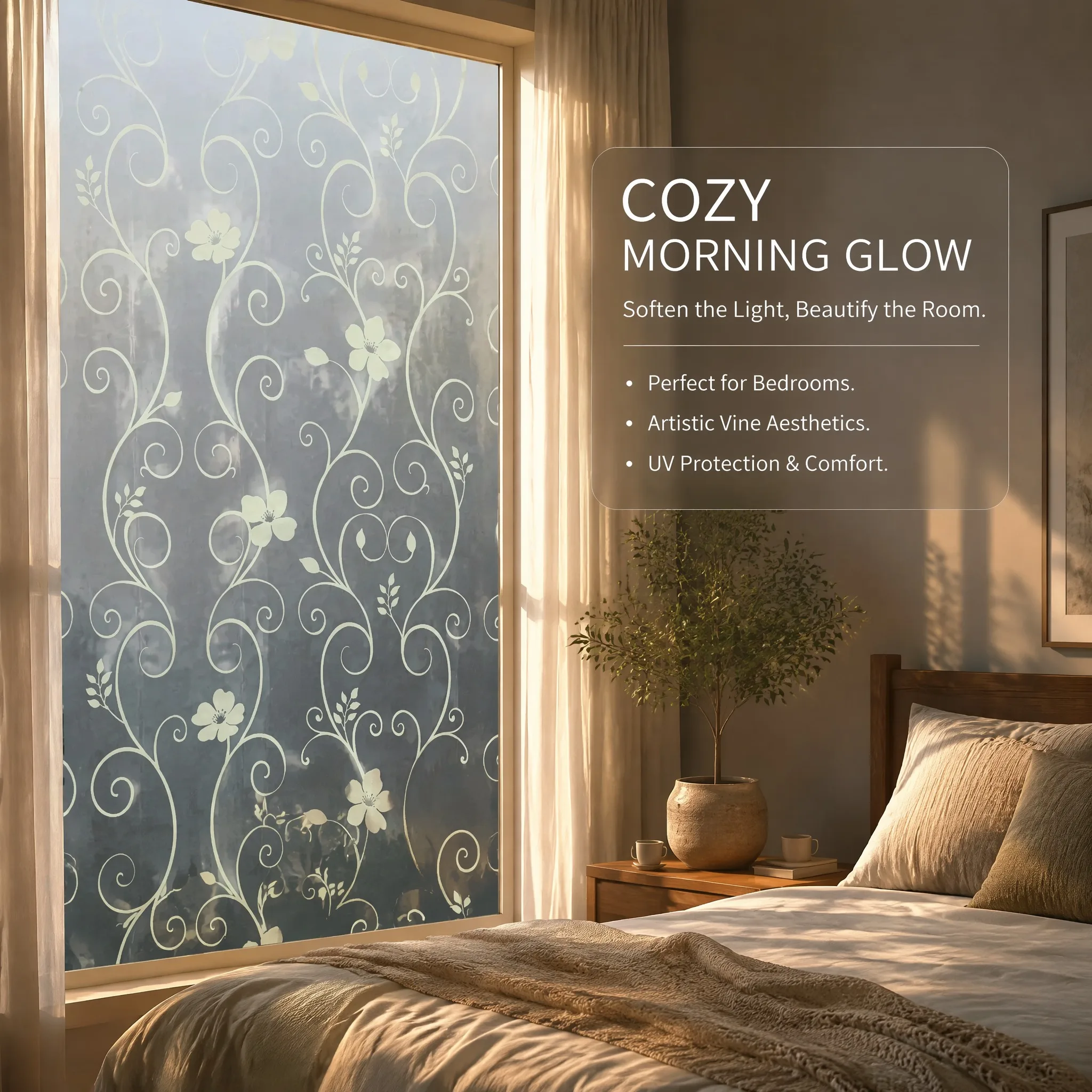 Self-Adhesive Curly Vine Flower Frosted Window Film, Waterproof UV Block Removable No Residue Floral Privacy Glass Sticker for B
