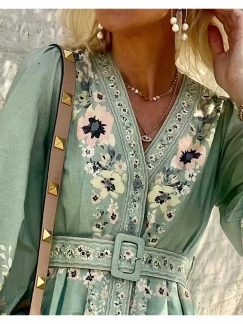 여성용 보헤미안 플로럴 프린트 드레스 - 브이넥, 긴 소매, 무릎 길이, 벨트 포함, 루즈핏, 플리츠 디자인, 봄에 딱 맞습니다