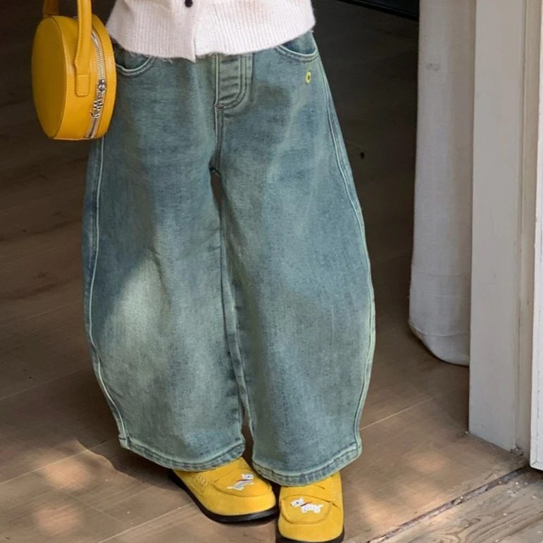 

Girls Pants 2025 Autumn and Winter New Children's Clothing Korean Style Girls Baby Velvet Thickened Loose Scimitar Jeans