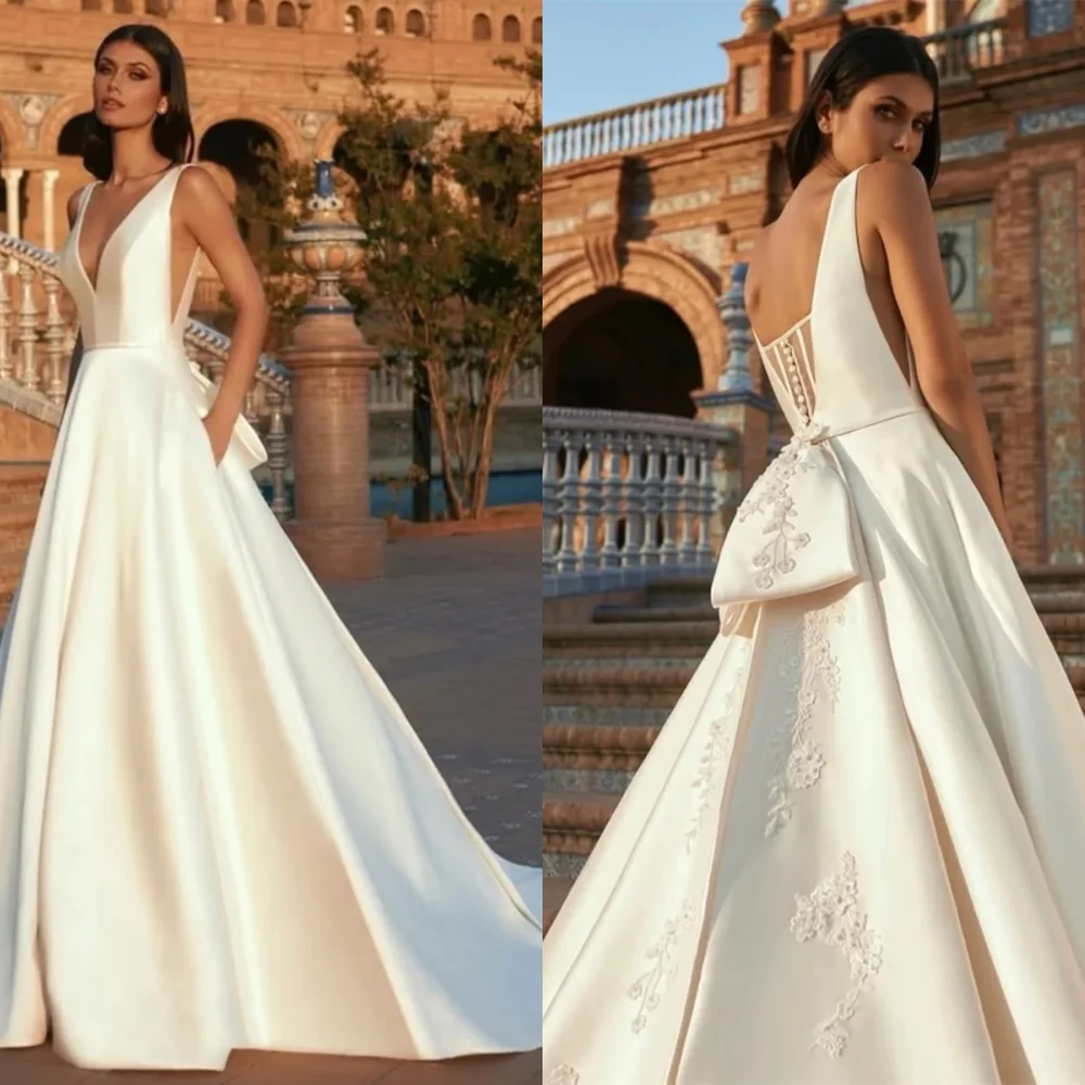 

Customized Delicate White Satin Evening Dress Classic V-Neck Cap Sleeve Sleeveless Open Back Buttons Special Occasion Gowns