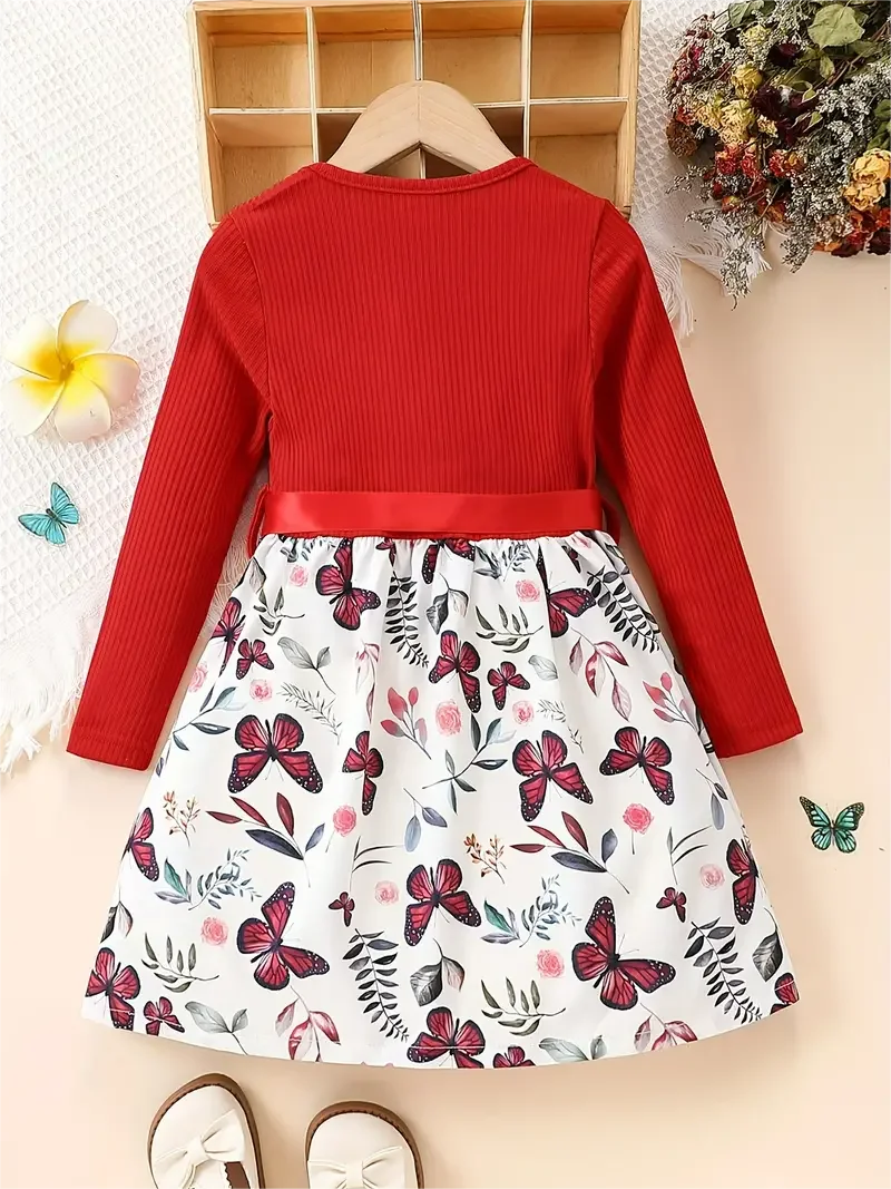 فستان بناتي كاجوال بطبعة فراشة وأكمام طويلة ورقبة دائرية مع حزام 95% بوليستر 5% سباندكس مع مرونة طفيفة #2