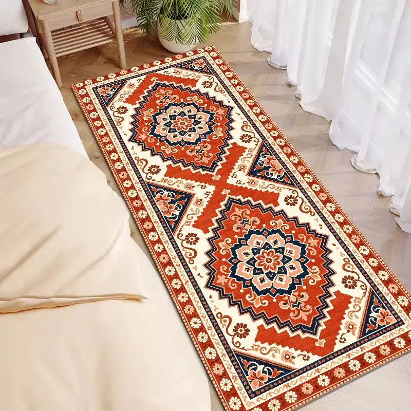VIKAMA Vintage Red Floral Long Corridor Rug, Non-Slip Washable Hallway Runner, Bedside Entryway Mat for Home Decor