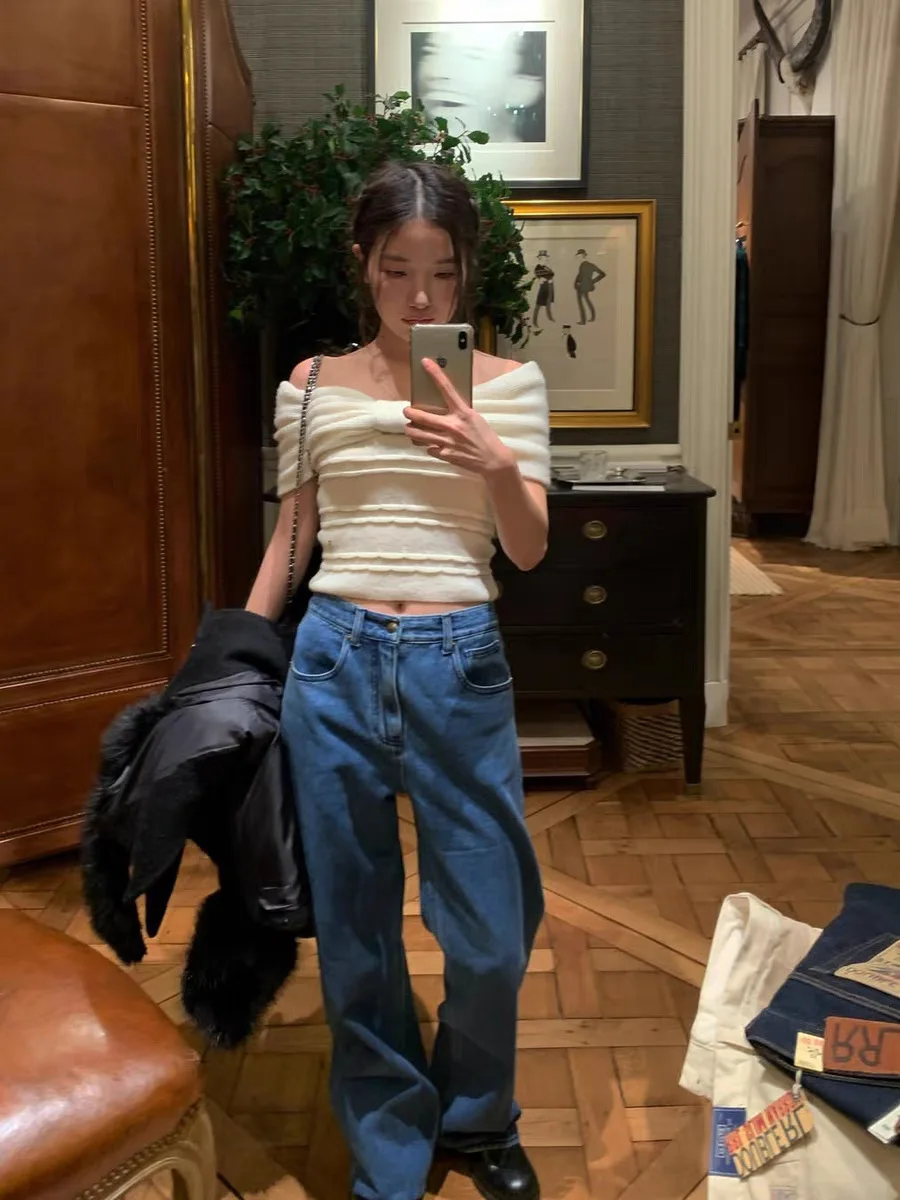 

Джинсы Ele с высокой талией и прямыми штанинами, длинные брюки, Новое поступление, осеннее поступление, Dongda Gate Th * Bar * Net, хлопковая эластичная джинсовая повседневная одежда