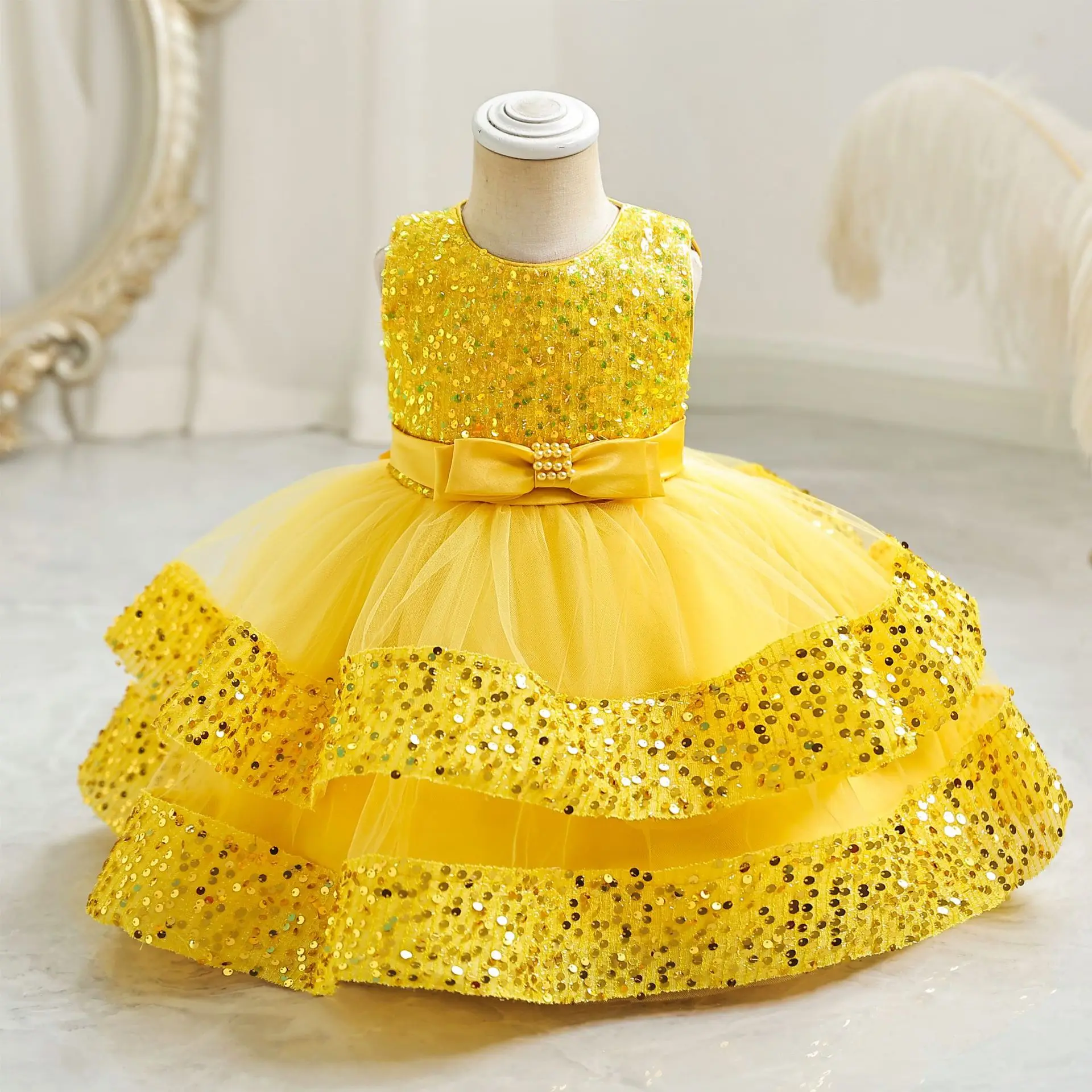 XMLSY-vestido de lentejuelas para bebé de 1 a 6 años, vestido con volantes en capas, Cupcake, niña de flores, fiesta de cumpleaños, desfile, baile, fiesta