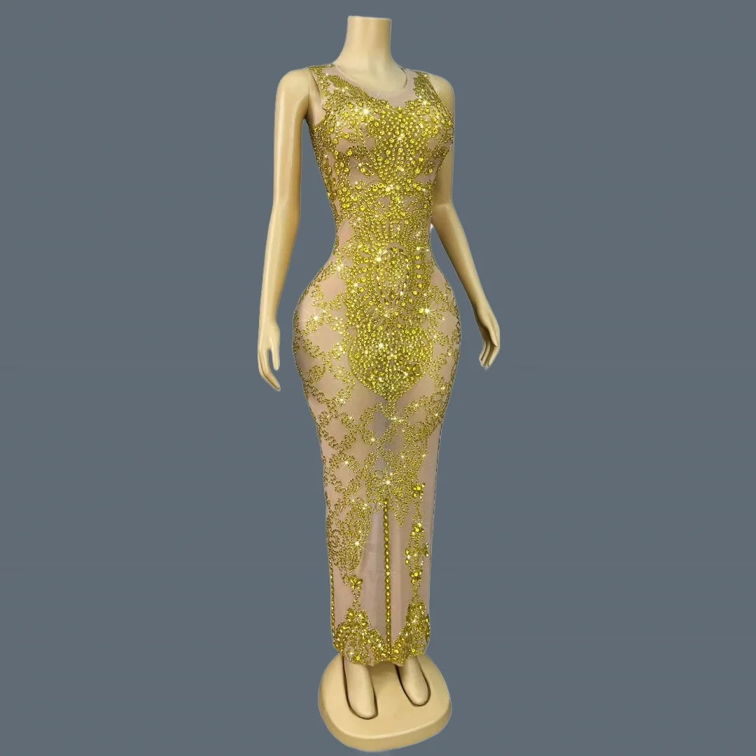 Black Tie Gala Party Luxury Evening Gown Birthday Prom Sparkly Crystals High-end Golden Long Dress See Through Mesh Outfit Dajin