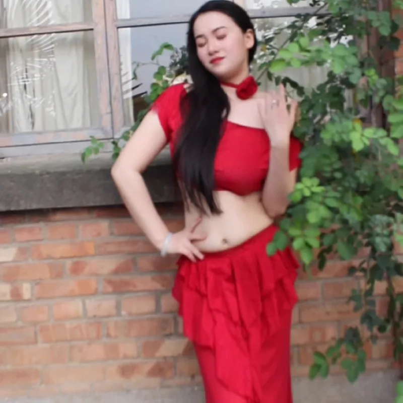 Customized Belly Dance Costume Set Performance Dress Sexy Temperament Practice Clothes Red Fish Tail Skirt Beginner Dancewear