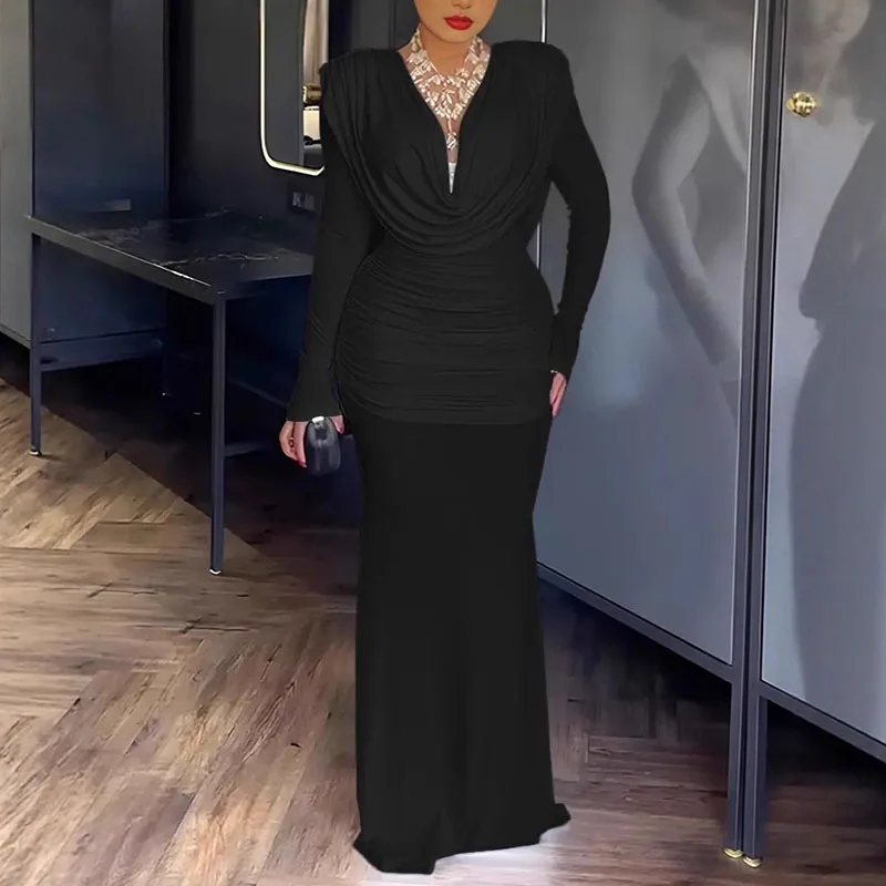 

Woman Sexy V Neck Ruched Slim Bodycon Dress 2026 Spring Solid Backless Pleated Long Dresses Autumn New Long Sleeve Evening Dress