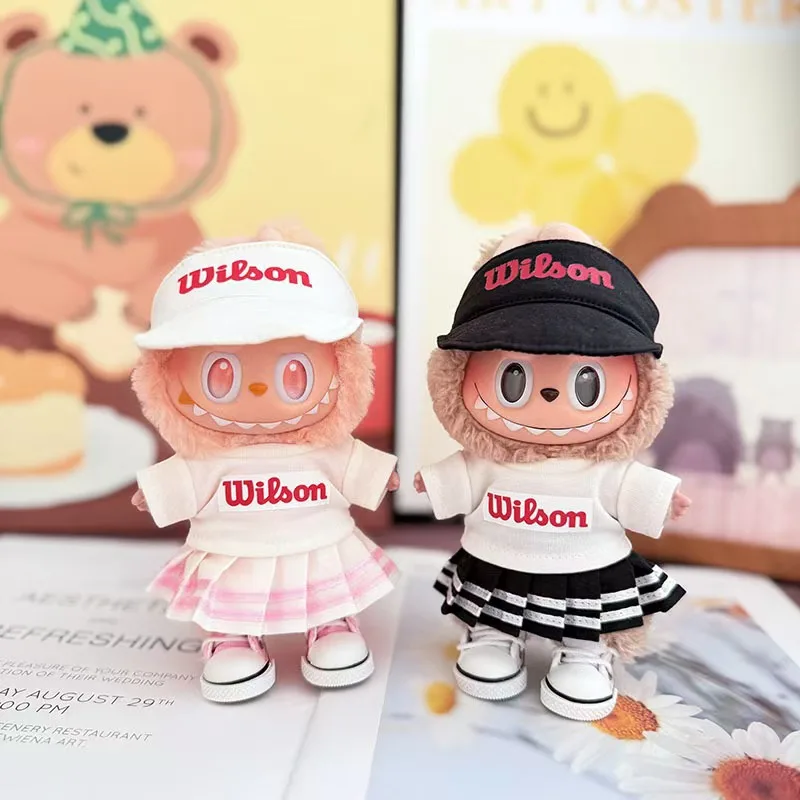 Para muñeca Labubu de 17cm, traje de tenis para V1 V2 V3, camiseta, sombrero, pantalones con Mini raqueta de pelota, ropa deportiva para accesorios de muñeca Labubu