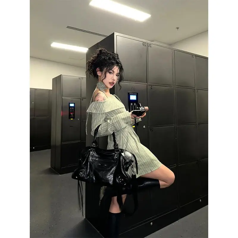 قبالة الكتف قميص مخطط فستان المرأة 2025 الربيع التلبيب الخصر سليم ألف خط فساتين قصيرة كم طويل موضة Vestidos