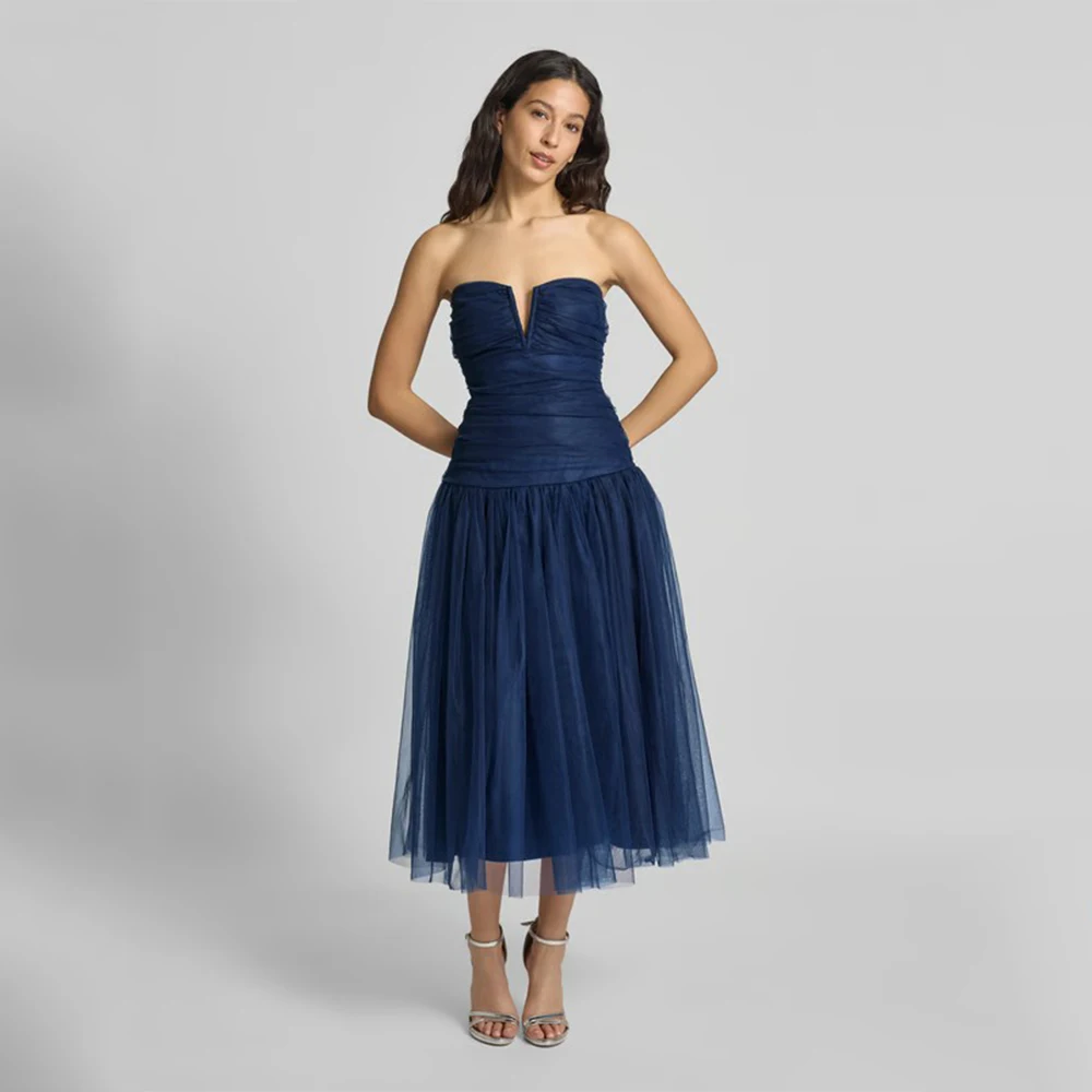 

Классическое синее вечернее платье Dream из тюля для до середины икры с v-образным вырезом без рукавов и открытой спиной, платье для выпускного вечера трапециевидной формы, Vestidos De Fiesta по индивидуальному заказу