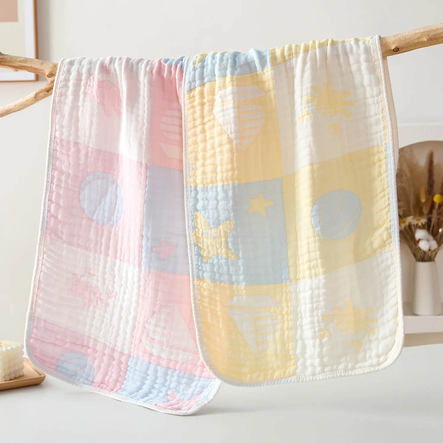 6-Layer Gauze Towel – Bamboo-Cotton Blend for Adults Couples Soft Cartoon-Printed Facial Towel with Ocean/Checkered Design
