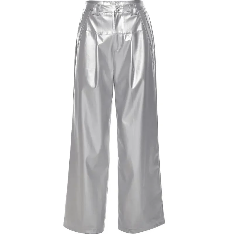 Y2k Gothic Punk Design Silver Shiny PU Leather Loose Draped Casual Trousers for Women Streetwear Straight Pants Baggy Pants Chic