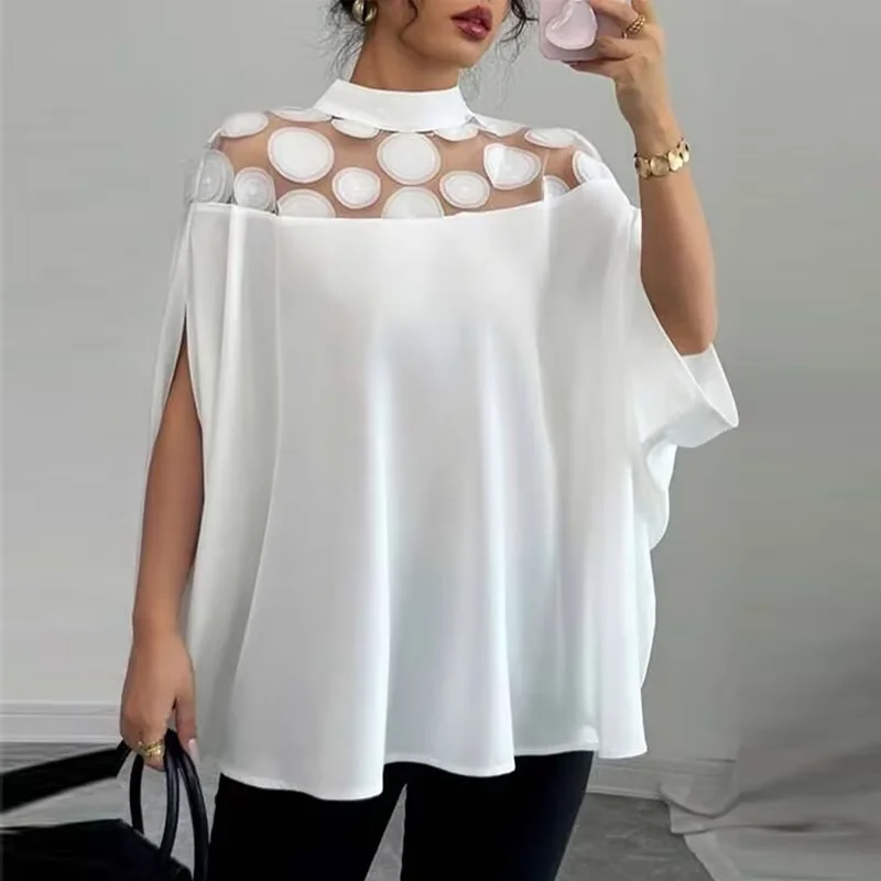 

Fashion 3D Flower See-through White Blouses Shirts Women 2025 Summer Batwing Sleeves Casual Loose Elegant Tops Woman Blusas