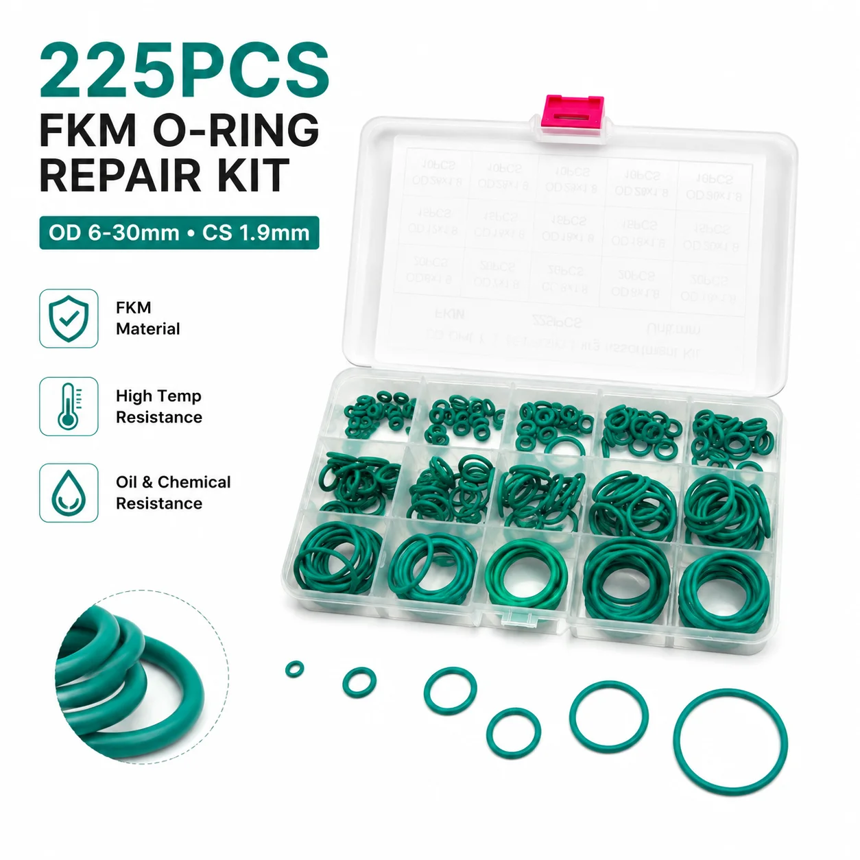225 Pieces FKM Fluororubber O-ring Repair Kit, Inner Diameter 6-30mm CS 1.9mm, Hydraulic And Pneumatic System Specific Seal