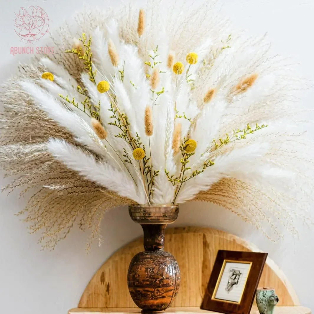 90pcs Dried Flowers Bouquets Pampas Grass Reed Golden Ball Yellow Nordic Modern Home Living Room Table Vase Decor Arrangements