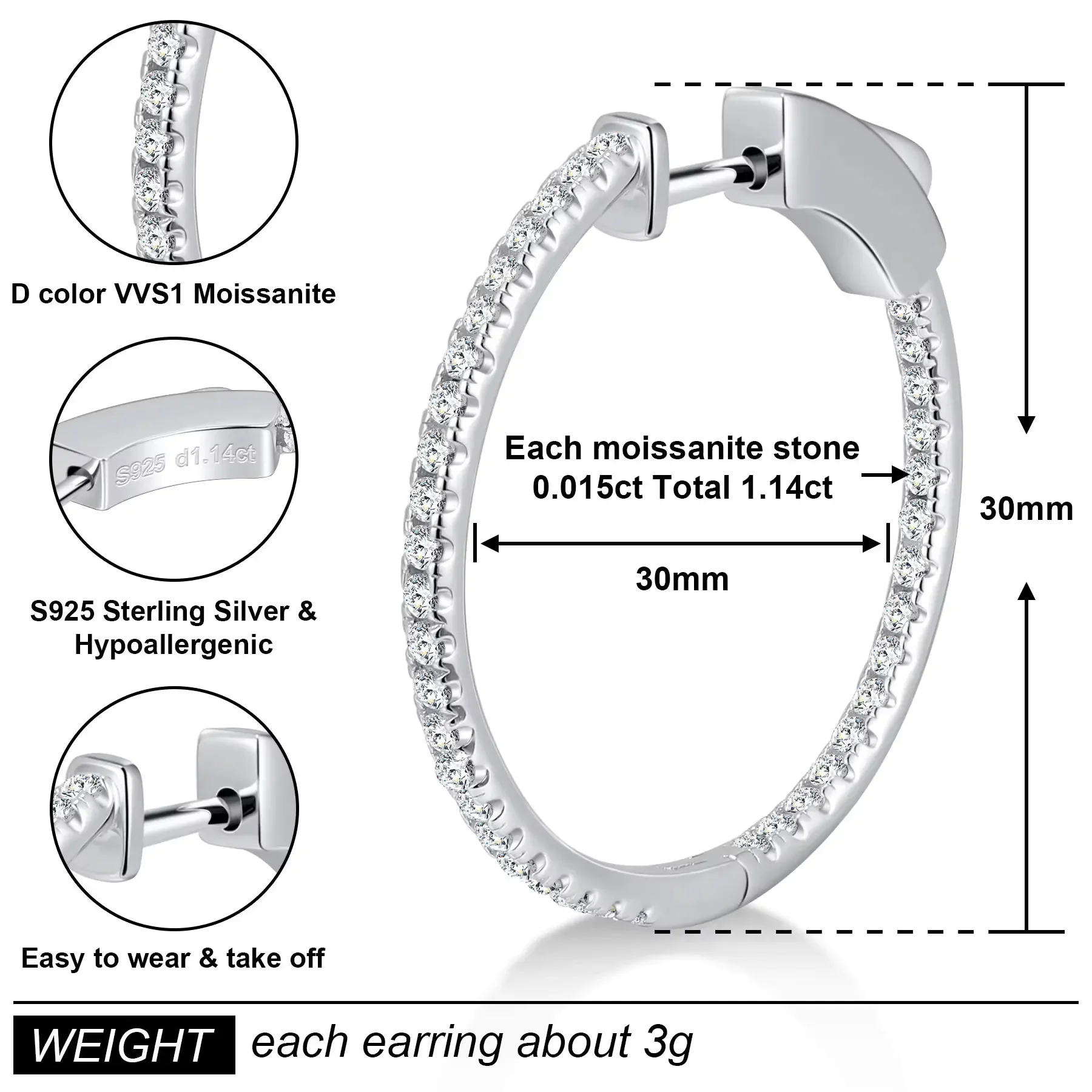 Pretty Beauty Moissanite Hoop Earrings for Women S925 Sterling Silver 30mm Inside Out Diamond Earrings Hypoallergenic Jewelry