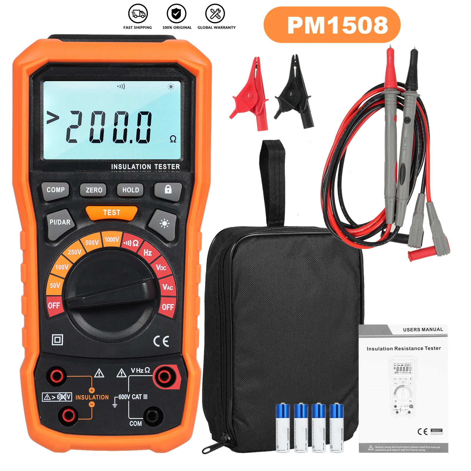 Tester di resistenza di isolamento 50/100/250/500/1000V megohmmetro e multimetro con 2 cavi di prova clip a coccodrillo misurazione AC/DC