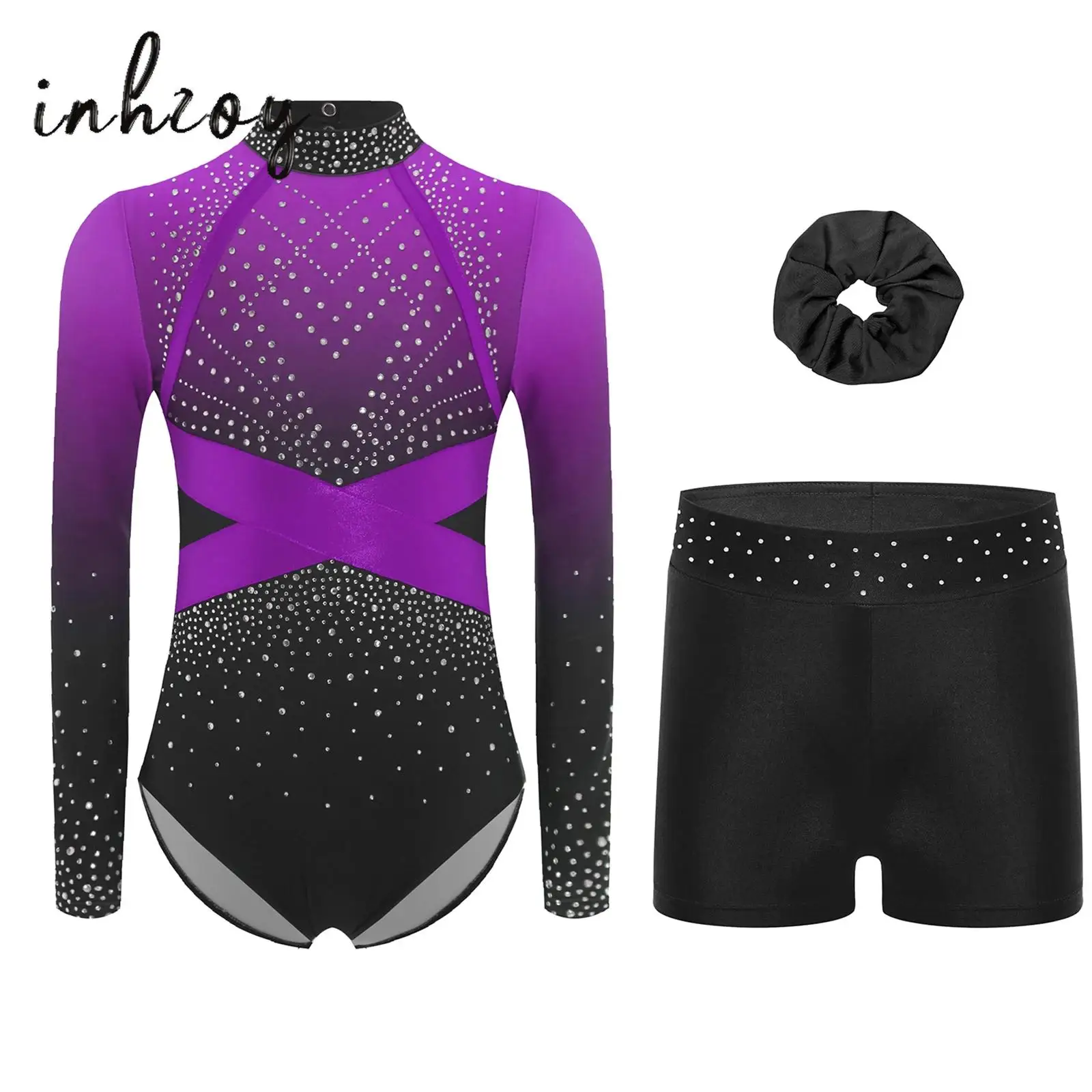 

Kids Girls Gymnastics Leotard Figure Skating Dance Outfit Long Sleeve Shiny Rhinestones Color Block Bodysuit+Shorts+Hairband Set