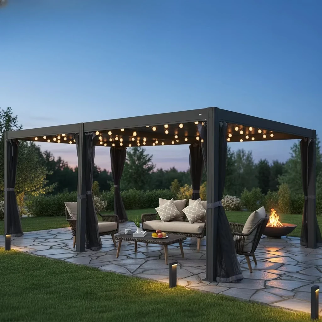 Strong Motorized Aluminum Pergola Eco-Friendly With LED Light Screen Snow Load Windproof Outdoor Gazebo For Terrace Backyard