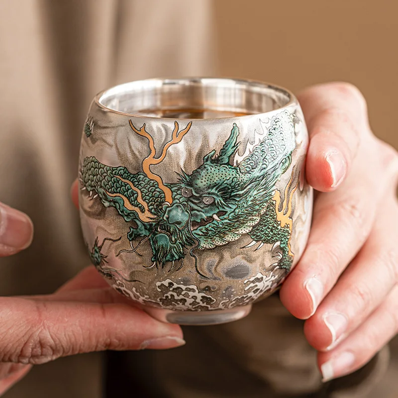 

Silver Gilded Azure Dragon Ceramic Master Cup for Gongfu Tea Ceremony Chinese Style Personal Tea Tasting Gift Boxed
