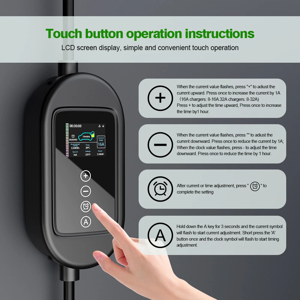 QiFeng 32A 7KW draagbare EV-oplader Type2 2,4 inch oplader voor elektrische voertuigen 5M / 10M EVSE-oplaadkabel Wi-Fi Bluetooth APP-bediening