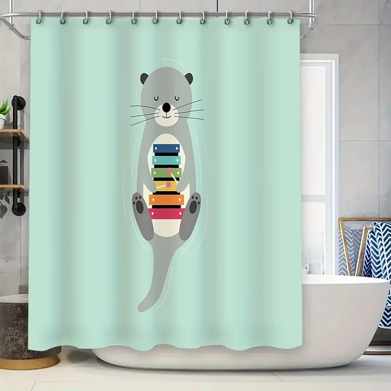 

Cute Otter Bathroom Decor Shower Curtain Sets Waterproof Farmhouse Coastal Blue Grey Ocean Animal Pattern Fabric Liner