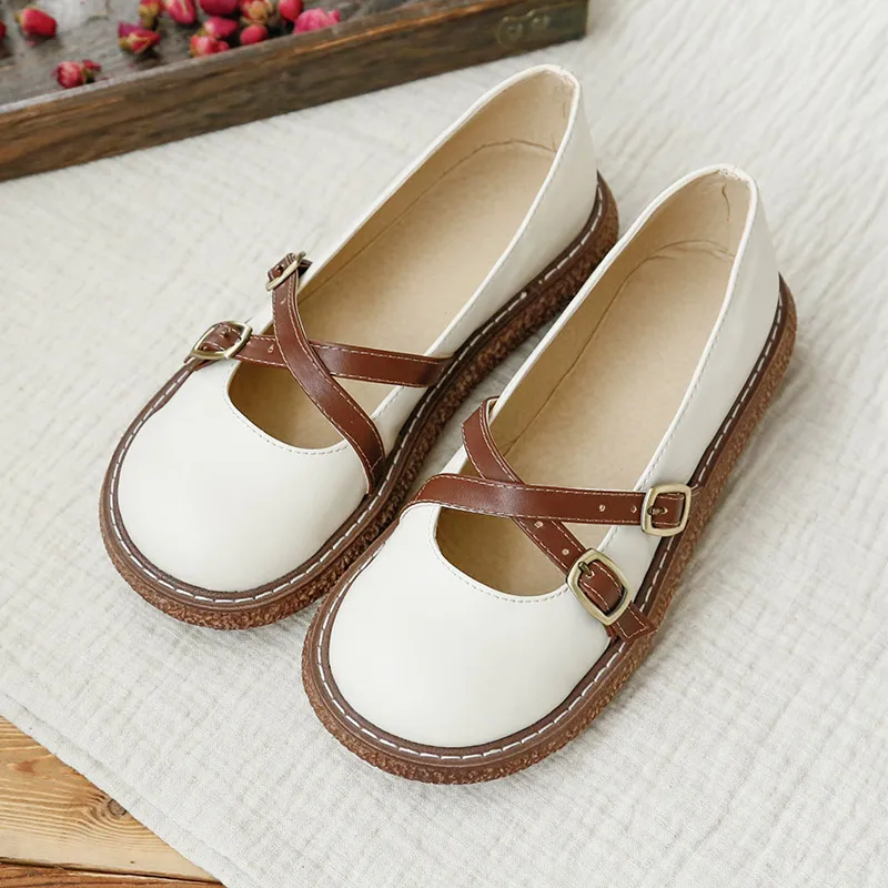 Retro Japanese Forest Girl Artistic Thick Heel Low Cut Slip-On Women's Shoes with Buckle Casual Footwear round Toe mid Heel