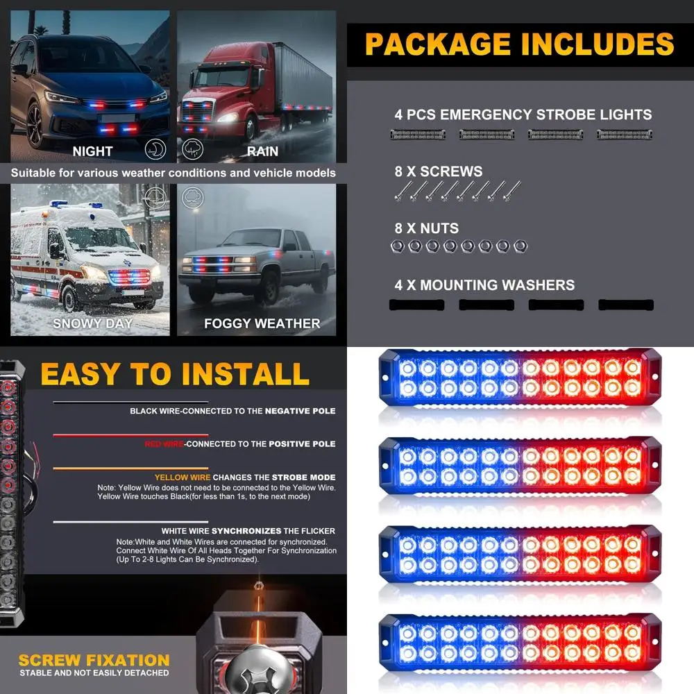 

Двухцветные светодиодные стробоскопы, 24-светодиодные аварийные проблесковые маячки для транспортных средств — красные и синие проблесковые огни для грузовиков, полицейских автомобилей,