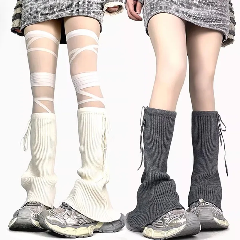 

New Hot-selling Autumn and Winter Solid Color Leg Warmer Lolita Jk Style Knitted Mid Calf Socks Harajuku Ribbon Bow Leg Covers
