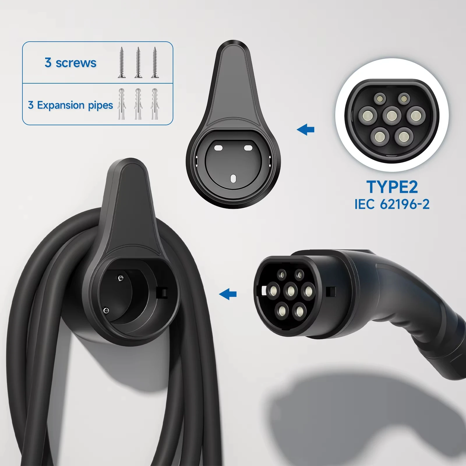 EV Charger Plug Holder Stand Type 2 EV Charger Holder Wallbox Socket Electric Car Charging  Gun Cable Wall Mount Bracket Holder