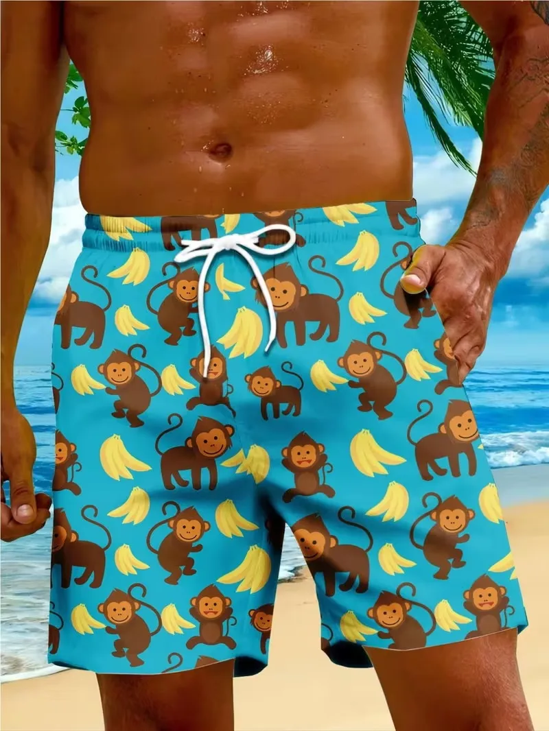 

Novelty 3D Monkey Graphic Beach Shorts Men's Funny Animal Print Casual Wear Elastic Waist Beach Shorts For Surfing & Holiday