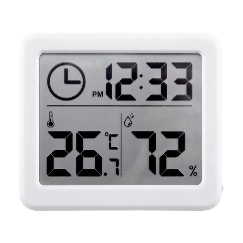 Digital Thermometer LCD Table Decor Clock Square Shape Hygrometer