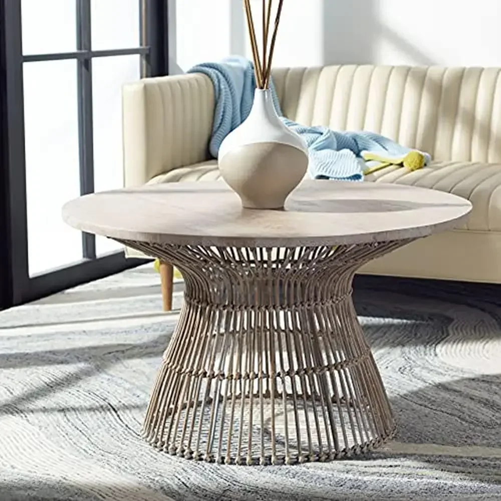 Coastal Style Grey White Wash Rattan Round Coffee Table 31.5