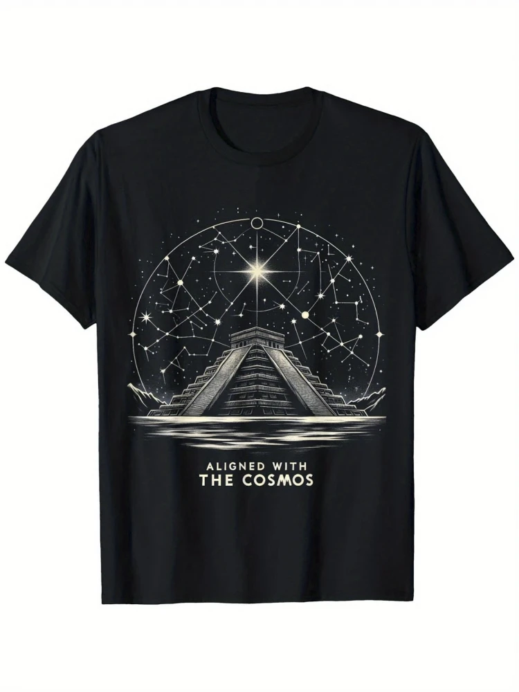 

Aztec Pyramid&Starry Sky with"Find Me The Cosmos"Graphic design-100% cotton O-neck short sleeve casual printed men's T-shirt.