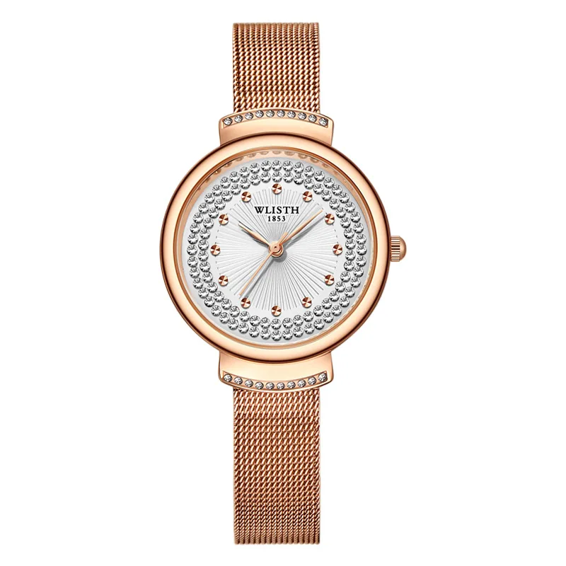 Lanzamiento de nuevo producto: reloj de mujer, conjunto de diamantes de moda, reloj con correa de malla de Milán, cinturón de acero morado, reloj elegante de cuarzo resistente al agua