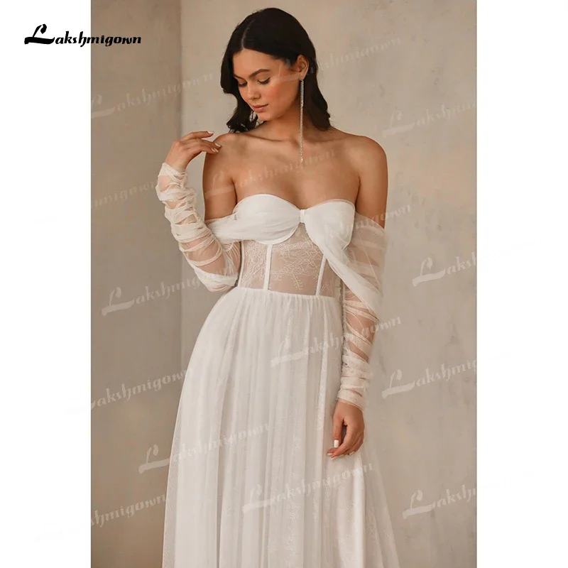 Vestido de novia bohemio con escote en forma de corazón y hombros descubiertos, vestido de novia plisado de encaje, corte en A, con cremallera, largo hasta el suelo, 2022