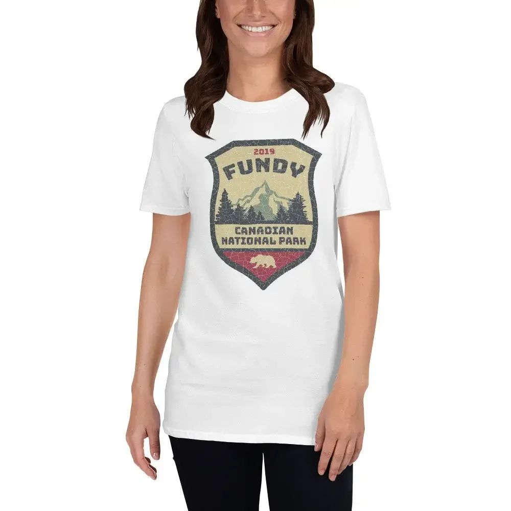 Vintage Patch Style Canadian Fundy National Park Souvenir T Shirt Camping Hiking Backpacking