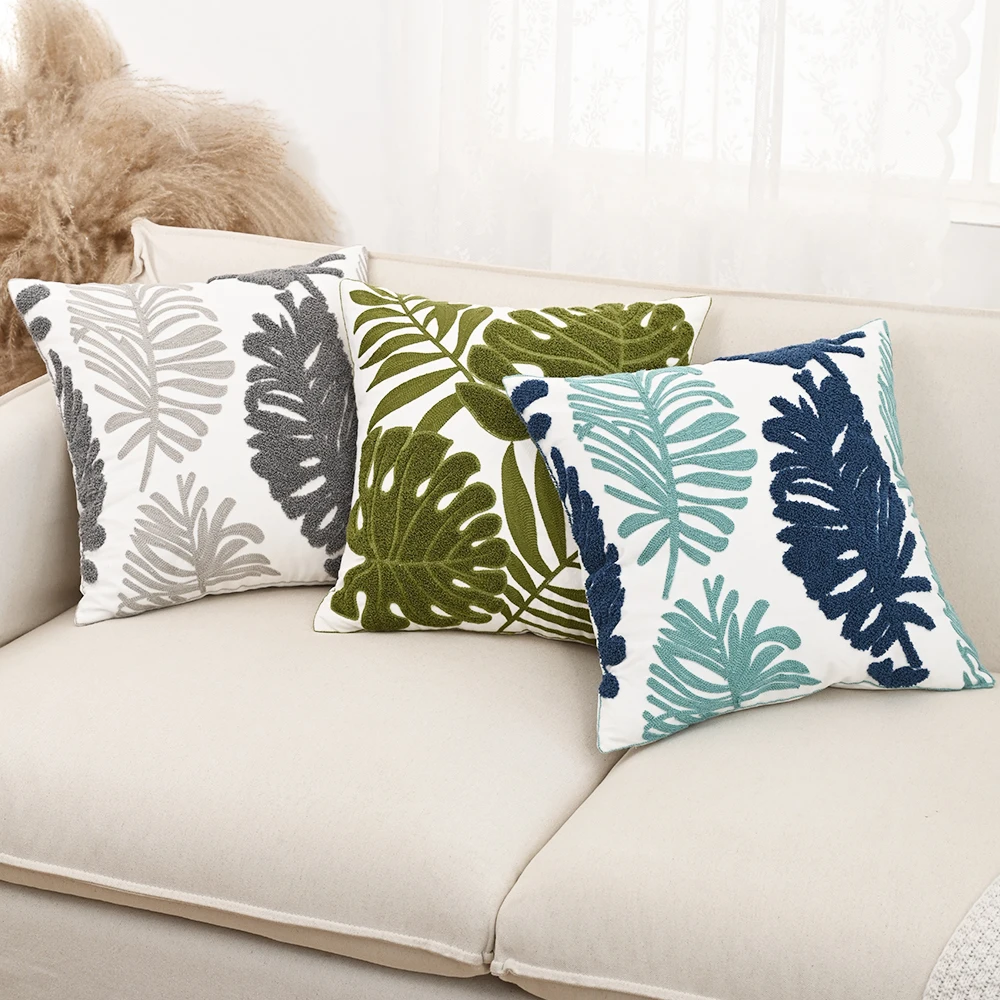 BUYNOW Leaf Embroidered Pillowcase 45x45cm Popular Nordic Style Pure Cotton Cushion Living Room Sofa Cushion Pillow Cover Decor