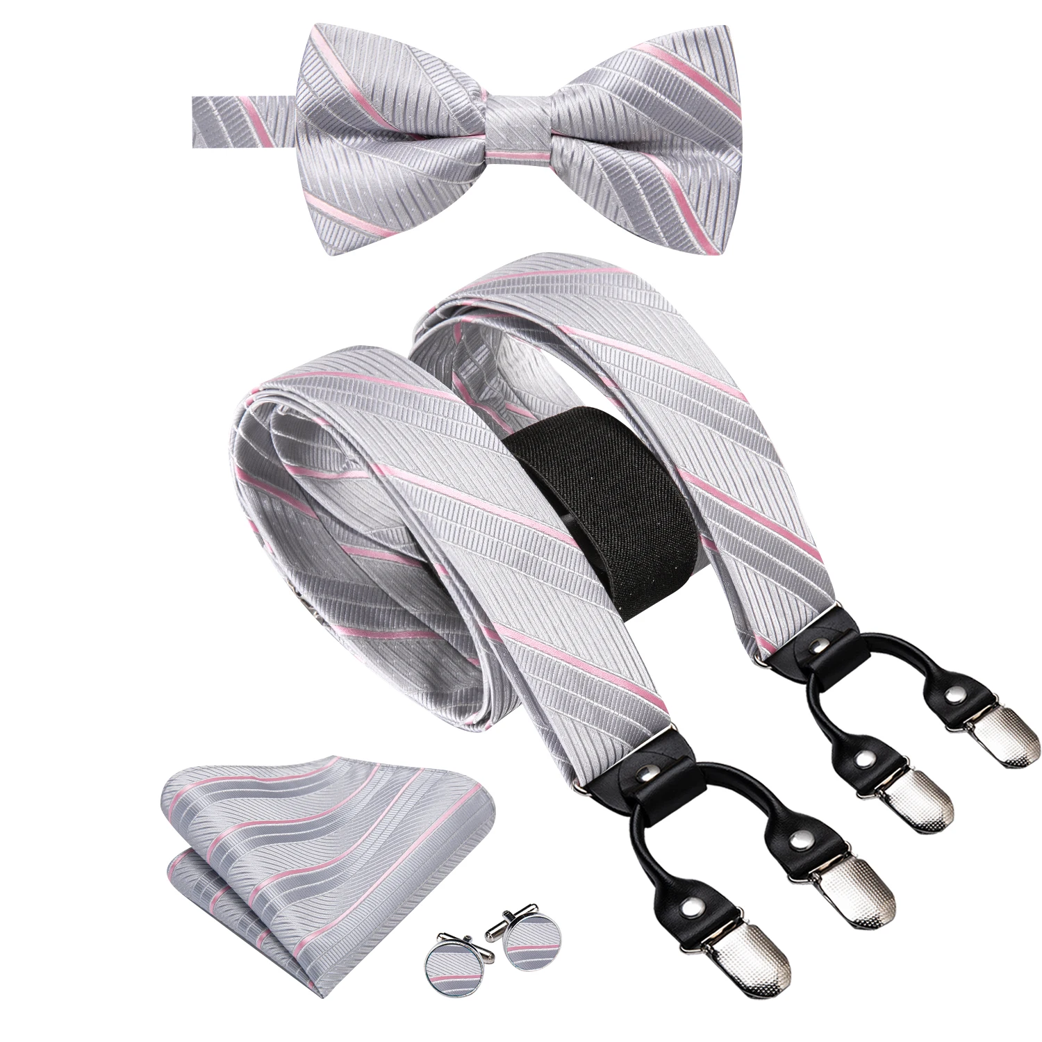 Hi-Tie Striped Silver Pink Silk Men Suspender Bowtie Hanky Cufflink Adjustable Clip On Brace for Male Wedding Business Wholesale