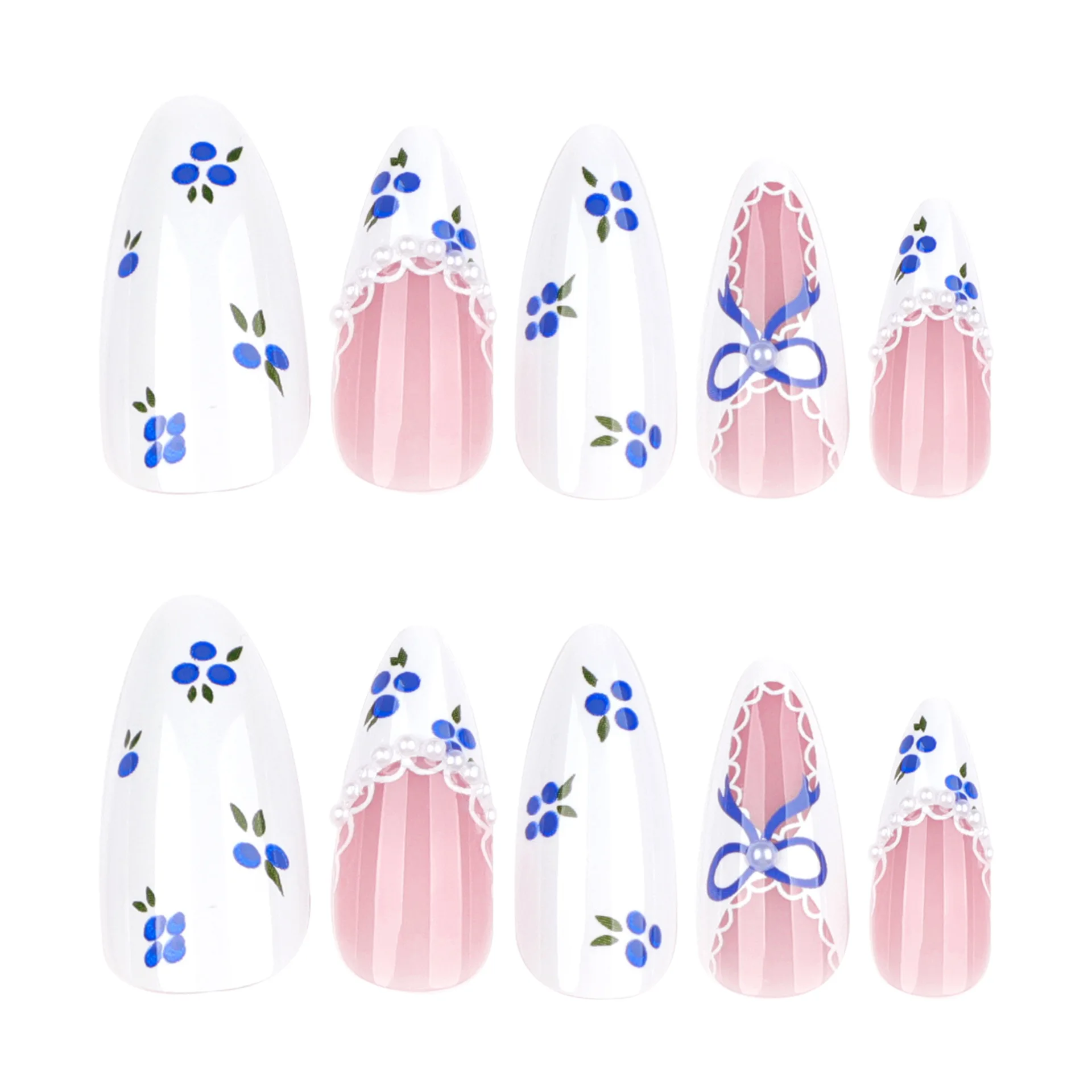 

24Pcs Long Almond Press on Nails - Blue & White Color Block with Blueberry Bow and Pearl Line Design False Nail For Women Girl