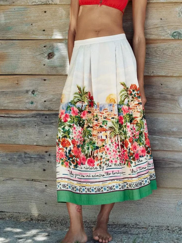 

European and American style summer new fashion trend women's clothing printed cape style high waist temperament midi skirt