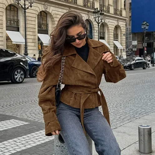 Autumn and winter Maillard retro suede coat women's suit collar matte matte texture loose commuter jacket