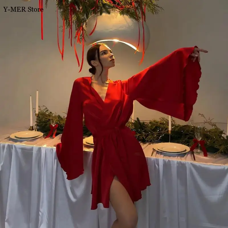 

Flare Sleeve Bathrobe Sexy Women's Dressing Gown Female Loose Robes Women Short V-Neck Women's Nightwear with Sashes Pajamas