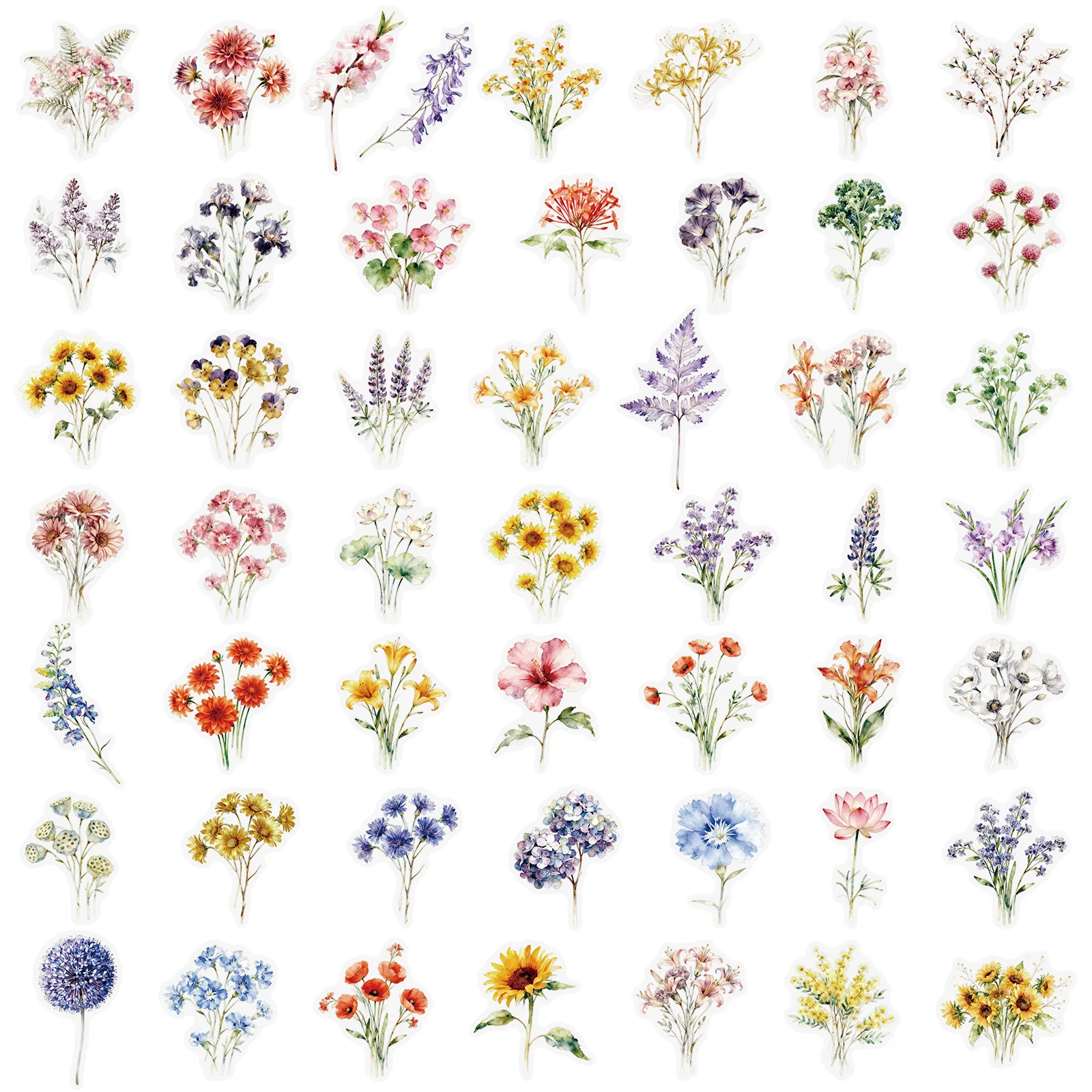 50-100PCS Ink Wash Floral Stickers, Plant Flower Journaling Decor Waterproof Transparent PET Decals  for Luggage, Phones