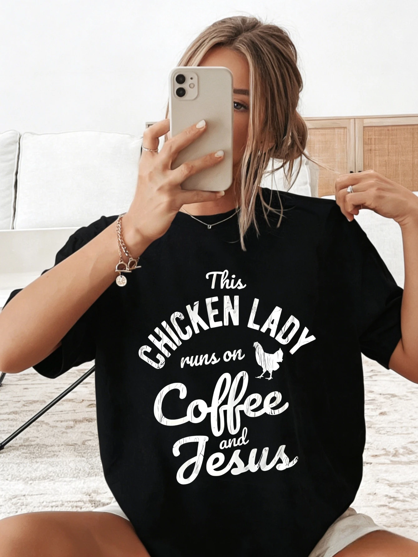 Womens Cotton Funny Graphic T Shirt - This Chicken Lady Runs on Coffee and Jesus Short Sleeve Summer Casual Tshirt